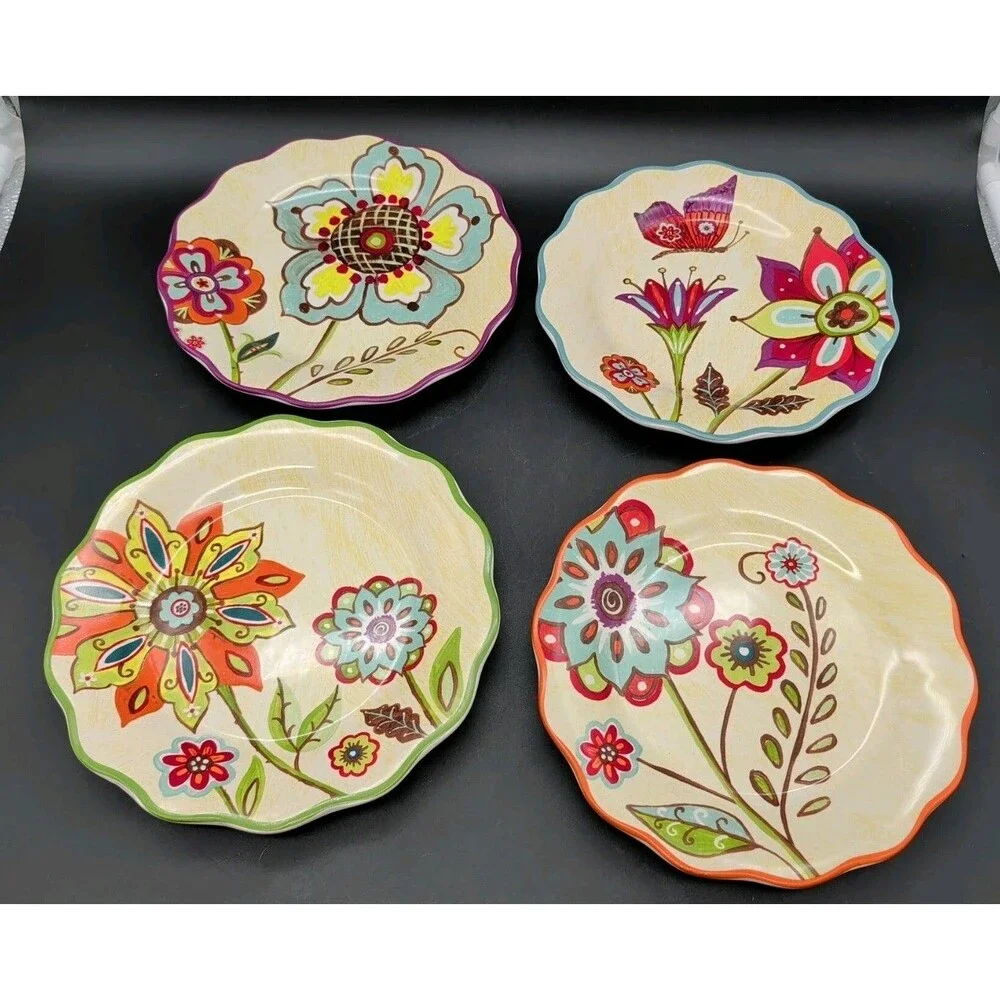 Cracker Barrel Floral Stitch Work Salad Plates Set Of 4 Scalloped Lori Siebert